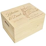 CHICCIE Holzbox zur Hochzeit Personalisiert Eulenpaar 40x30x23cm Natur Holztruhe
