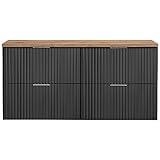 Lomadox Badezimmermöbel Waschtisch-Unterschrank 120cm matt schwarz mit Eiche Nb., gerilllte Front Waschbecken Badschrank mit 4 Softclose-Auszügen, B/H/T ca. 120,6/59,2/46,5 cm