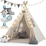 Spielwerk® Spielzelt Kinder Lichterkette 2,5cm Spielmatte 3 Kissen Baumwolle Tragetasche Kinderzimmer Tipi Spielzelt Höhle Spielzeug 120x120x160cm Creme