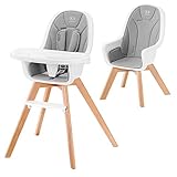 Kinderkraft Hochstuhl 2 in 1 TIXI, Kinderhochstuhl, Babystuhl, Kombihochstuhl mit Wasserdicht Material, Beine aus Holz, Sicherheitsgurte, Fußstütze, Doppeltablett, ab 6 Monate bis 5 Jahre, Grau