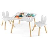 COSTWAY Kindertisch mit 2 Stühlen, 3TLG. Kindersitzgruppe mit Massivholzbeine & Hasenohren Rückenlehne, quadratischer Spieltisch, Kindermöbel Kindersitzgarnitur für 3-6 Jahre Kinder, Weiß