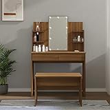 LAPOOH Schminktisch-Set mit LED, Frisiertisch, Schminken Tisch, Kosmetiktisch, Schminkkommode, Schmink Tisch, Make Up Tisch, Braun Eichen-Optik Holzwerkstoff