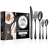 vancasso Besteck Set Schwarz 12 Personen, Besteck Set Glänzend, 18/10 Edelstahl Besteckset mit 60-Teilig Messer/Gabel/Löffel/Dessertlöffel/Dessertgabel, Schwarzes Besteck mit Geschenkbox