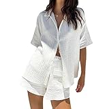 NARTED Damen Sommer Casual 2 Teiliges Set Lockeres Baumwoll Revers Oberteil Und Shorts Mit Hohem Bund Leichter Bequemer Anzug,Weiß,S