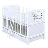 Baby Delux Babybett Kinderbett umbaubar zum Juniorbett weiß 140x70 Schublade Matratze mit Motiv Sweet Dreams (ohne Matratze)