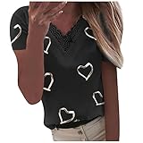 Top Kleid Damen Pulli Frauen Ärmeldruck Kurze T-Shirt V-Ausschnitt Spitze Herzbluse Patchwork-Damenbluse Lederhemd