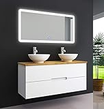 OIMEX TAMBUS 120 cm Bambus Echtholz Designer Badmöbel Set Waschtisch Unterschrank mit 2 Waschbecken mit Spiegel Hochglanz Weiß 2 Schubladen, Größe: Waschtisch mit Waschbecken und Armaturen