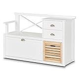 KHG Garderobenbank Holz Weiß, Schuhbank, Sitzbank mit Stauraum, mit Lehne, 3 Schubladen, 1 Kippfach, Silberne Muschelgriffe, dekorative X-Streben, 4 Füße, maritimer Landhausstil, 120x40x76 cm