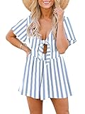 Aoysky Damen Sommer Kurzer Strampler Sexy Niedlich Loose Tie Front Jumpsuit Casual V Ausschnitt Weite Bein Strand Overall, Blau gestreift, Small