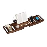 Relaxdays, braun Bambus Badewannenablage, ausziehbar, Weinhalter, Buchstütze, Seifenablage, Badewannenaufsatz, 75-109 cm, 90 10% Edelstahl, H x B x T: ca. 6 x 109 x 23 cm