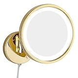 QISUO 8-Zoll-Badezimmer-Make-up-Spiegel, wandmontierter Waschtisch, einseitig, Messing, beleuchtet, Vergrößerungs-Rasierspiegel, zusammenklappbar, mit Schalterstecker (Color : Gold, Size : 5X)