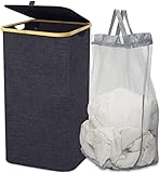 HOMLOK Grau Wäschekorb mit Deckel - Bambusrahmen, Hoch Raumspar Wäschesammler, 100L Groß Fassungsvermögen, Stoff Wäschebox