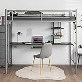 COSTWAY Hochbett mit Schreibtisch, Etagenbett mit 2 Leitern, Stockbett aus Metall, Bettrahmen für Teenager und Erwachsene (Silber)