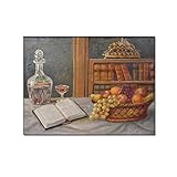HOWDA Abstrakte Bilder Leinwand Vintage Poster Vintage Alte Buch Bilder Bild Altes Buch und Obst Ölgemälde Korb Obst mit Alte leinwand bilder Wand Bilder-Poster (30x45cm Kein Rahmen)