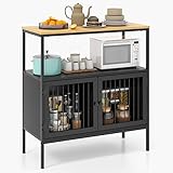 COSTWAY Küchen Sideboard mit Gittertüren, Holz Küchenschrank mit Metallrahmen, Schrank für Wohnzimmer Küchen Flur, Industrie-Design, 80 x 35 x 90 cm