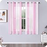 MRTREES Voile Gardinen Kurz Vorhang Halbtransparent Streifen Stores Schals mit Ösenschal Moderner Wohnstil Weiß+Rosa 145×140cm (H×B) für Kinderzimmer Wohnzimmer Schlafzimmer 2er-Set