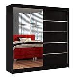 Schwebetürenschrank Basti III 200 cm mit Spiegel - Kleiderschrank, Schiebetürenschrank mit Kleiderstange und Einlegeboden, Schlafzimmerschrank, Schiebetüren, 200x215x58 cm (Schwarz)