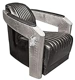 Casa Padrino Art Deco Aluminium Echtleder Sessel Schwarz/Silber 74,5 x 94 x H. 78 cm - Flugzeug Flieger Möbel - Club Sessel - Lounge Sessel