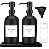 Glas Seifenspender Set,Gcstnn 500ml*2 Spülmittelspender Badezimmer Set mit Silikontablett und Trichter,Nachfüllbare Pumpspender,Shampoo Lotion Handseifenspender für Küche Bad Arbeitsplatte(Schwarz)