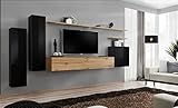 ASM Wand-Set – Switch I – 3 vertikale Vitrinen – 1 TV-Bank – 3 Wandregale – Holz und Schwarz – Modell 2