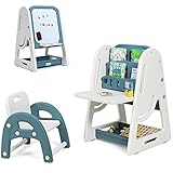 DREAMADE 2 in 1 Kindersitzgruppe mit Bücherregal und Kinderstaffelei, Höhenverstellbare Kindertafel mit Ablage und Zubehör, Kindertisch mit Stuhl für Kinder ab 3 Jahren (Blau)