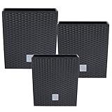 botle Set 3X Pflanztöpfe Blumentopf Einsatz Rattan Trapez H 17+20+22 cm Anthrazit mit Pflanzeinsatz Quadrat