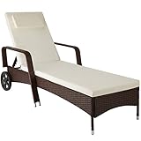 TecTake Aluminium Rattan Sonnenliege mit Armlehne und Rollen, Outdoor Polyrattan Gartenliege mit 6-Fach höhenverstellbarer Rückenlehne (bis 150 kg), Balkon Möbel oder Garten Möbel - Mixed braun