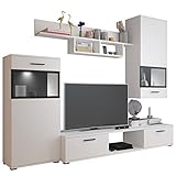 Wohnwand Blues, Modernes Anbauwand inkl. TV Lowboard, 2 Vitrine, Wandregal, Design Mediawand (Weiß, mit Beleuchtung)