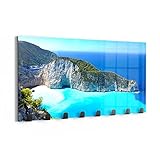 DEQORI Wandgarderobe Glas & Metall | Motiv Schiffswrack-Strand | 60x30 cm | Design Haken-Leiste modern | Garderoben-Paneel für Flur, Wohnzimmer & Schlafzimmer | magnetisch & beschreibbar