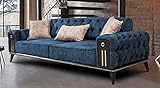 Casa Padrino Luxus Chesterfield Schlafsofa Blau/Schwarz/Gold 220 x 90 x H. 80 cm - Modernes Wohnzimmer Sofa - Chesterfield Wohnzimmer Möbel