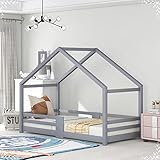 AMDXD Kinderbett Hausbett mit Schornstein, Rausfallschutz, Robuste Lattenroste, Einzelbett Kiefernholz Haus Bett for Kids, 90 x 200 cm ohne Matratze, Grau