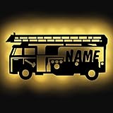 Personalisiertes Nachtlicht Wand-Lampe Holz Feuerwehr-auto mit Namen ideal als Geschenk für Feuerwehrmänner Jungs Mädchen Männer