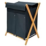 AdelDream Wäschekorb 2 Fächer,100 L Bambus Wäschesammler Wäsche Sortiersystem Wäschesortierer Holz Wäschebox laundry baskets Wäschesammler mit Deckel X-förmige Bambusregale (100L Grau)