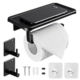 Toilettenpapierhalter Ohne Bohren, Klopapierhalter mit Ablage, Schwarz Aluminium Selbstklebend Wc Papier Halterung mit 2 Stück Handtuchhaken für Badzimmer und Küche