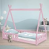 ML-Design Kinderbett Tipi 80x160 cm Rosa mit Rausfallschutz und Lattenrost, aus Kiefernholz, Indianer Bett aus Massivholz für Mädchen, Hausbett mit Zaun, Kinderhaus Holzbett Jugendbett Spielbett Zelt