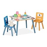 Relaxdays Kindersitzgruppe, Kindertisch mit 2 Stühlen, Mädchen & Jungen, MDF & Holz, Sitzecke fürs Kinderzimmer, bunt