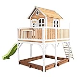 AXI Spielhaus Liam mit Sandkasten & hellgrüner Rutsche | Stelzenhaus XXL in Braun & Weiß aus FSC Holz für Kinder | Spielturm mit Wellenrutsche für den Garten