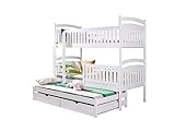 KEF-MEBLE Sofia Hochbett Kinder 185x98x208 cm - Etagenbett 3 Personen - Holz Kinderbett - für DREI Kinder - mit Schubladen - Ausziehbares Drittes Bett - mit Matratze - Weiß - Leiter Links