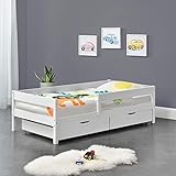 [en.casa] Kinderbett mit Rausfallschutz und Schubladen 90x200 cm Jugendbett mit Schutzgitter bis 100 kg mit Lattenrost Kiefernholz Holz Weiß