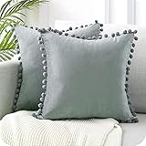 Topfinel Samt Kissen mit Pompoms Einfarbig Kissenbezüge Dekorative Kissenhülle Kopfkissen Sitzkissen Dekokissen Couchkisen für Sofa Schlafzimmer Büro Auto 2er Set 35x35cm Anthrazit