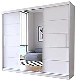 Fabryka Mebli Idźczak Schwebetürenschrank Alba 250 cm, Schiebetürenschrank mit Spiegel, Kleiderschrank mit Kleiderstange und Einlegeboden, Schlafzimmerschrank, Schiebetüren, Modern Design (Weiß/Weiß)