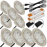 Lichtfaktor24 9 x 3W LED Möbeleinbauleuchten 12V super flach 65mm Einbaustrahler Leonie 200lm mit LED Trafo und 230V Zuleitung 3000K Warmweiß Lochausschnitt: 55 bis 60mm
