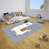 HANSE Home Teppich Kinderzimmer Kinderteppich Lama Pebbles – Junge Mädchen Spielteppich Kurzflor Teppich Modern Lama Lamamotiv, Weicher Flor, Pflegeleicht - Grau Senfgelb, 120x170cm