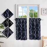 CAREMEE Kurze Vorhänge mit silberfarbenem Wellenmuster, 2 Paneele, Verdunkelungsvorhänge, wärmeisoliert, Marineblau, kleine Vorhänge für Wohnzimmer Badezimmer, B 66 x L 91 cm, Marineblau
