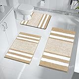 Pauwer Badezimmerteppich Set 3 Teilig Waschbar rutschfeste Badematte Toilettenmatte Weich Saugfähige Badteppiche und wc vorleger mit Ausschnitt Mikrofaser Duschvorleger, Beige