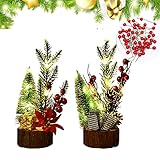 Counius 2 Stück Weihnachtsbaum Künstlich mit Beleuchtung klein Miniatur Christbaum Dekobaum Mini Weihnachtsbaum mit LED-Leuchten und 12 Stück rote Beeren für Weihnachten Tisch Büro Dekoration