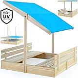 Deuba Sandkasten mit Dach + Sitzbänke 120x120 cm Holz Natur Sonnenschutz UV 50+ Sandbox Sandkiste Kinder Spielhaus Sandspielzeug