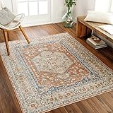 Surya Dukan Vintage Teppich - Teppich Wohnzimmer, Esszimmer, Flur, Rugs Living Room - Boho Teppich Orientalisch Style, Kurzflor Carpet - Bunter Teppich Orange, Creme, 160x213cm