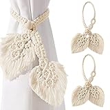 Vifoulal 2 Pack Boho Gardinenhalter Natürlicher Baumwolle, Seilvorhang-Raffhalter, Handgefertigt, Zwei Blätter, Gewebter Vorhang, Dekorative Halter für Ländliche Gardinen im Böhmischen Stil (Beige)