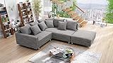 Küchen-Preisbombe Wohnlandschaft Sofa Couch Ecksofa Eckcouch Gewebestoff hellgrau + Hocker Minsk R